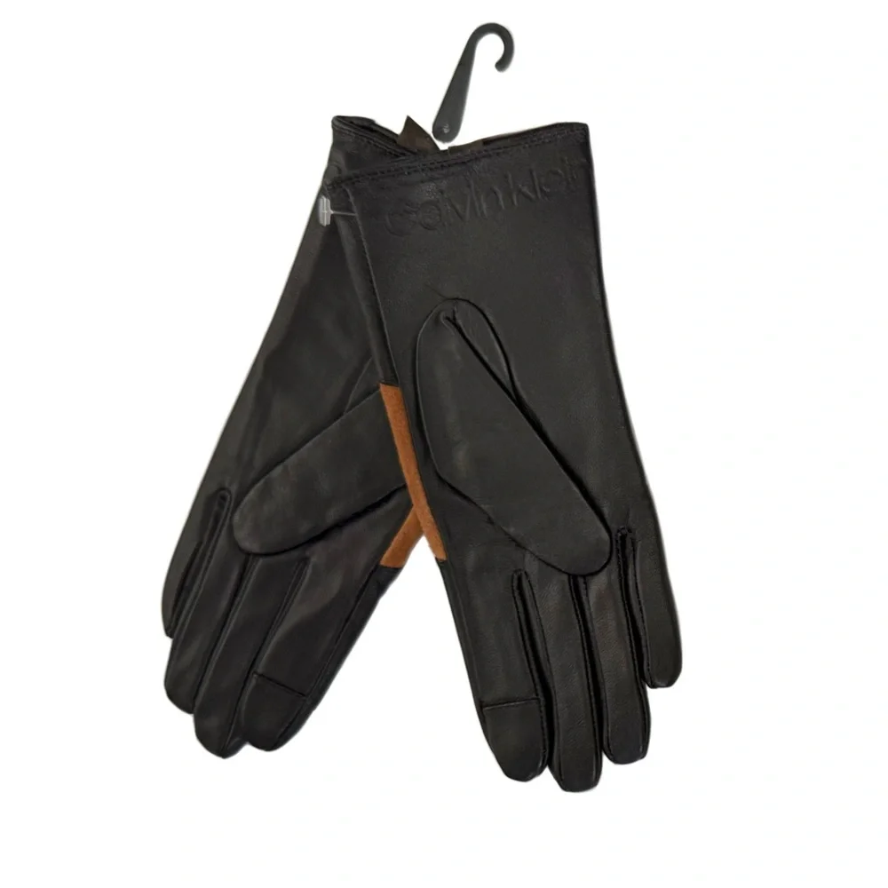Calvin Klein Tan Black Leather Touchscreen Gloves NWT